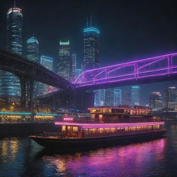 Generate an image of a cyberpunk river cityscape at night lit by neon lights, an old-fashioned steamboat is passing under a futuristic, illuminated bridge