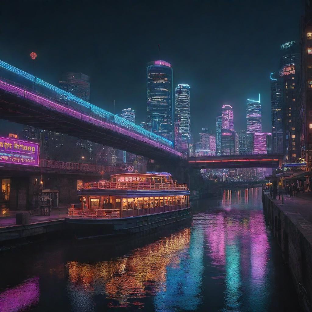 Generate an image of a cyberpunk river cityscape at night lit by neon lights, an old-fashioned steamboat is passing under a futuristic, illuminated bridge