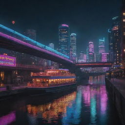 Generate an image of a cyberpunk river cityscape at night lit by neon lights, an old-fashioned steamboat is passing under a futuristic, illuminated bridge