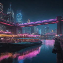 Generate an image of a cyberpunk river cityscape at night lit by neon lights, an old-fashioned steamboat is passing under a futuristic, illuminated bridge