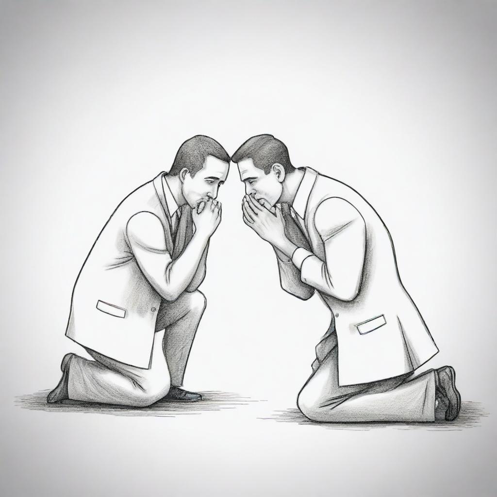 A emotive cartoon scene of a man on bended knee, holding his hands earnestly together, pleading for forgiveness from another man who stands with crossed arms and a skeptical expression.