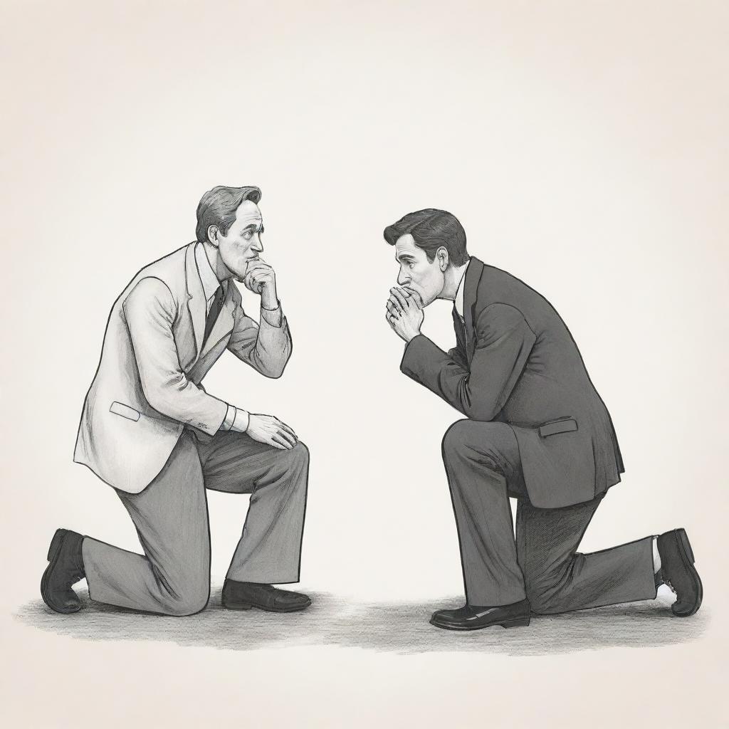 A emotive cartoon scene of a man on bended knee, holding his hands earnestly together, pleading for forgiveness from another man who stands with crossed arms and a skeptical expression.