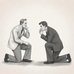 A emotive cartoon scene of a man on bended knee, holding his hands earnestly together, pleading for forgiveness from another man who stands with crossed arms and a skeptical expression.