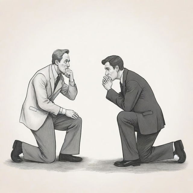 A emotive cartoon scene of a man on bended knee, holding his hands earnestly together, pleading for forgiveness from another man who stands with crossed arms and a skeptical expression.