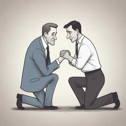 A emotive cartoon scene of a man on bended knee, holding his hands earnestly together, pleading for forgiveness from another man who stands with crossed arms and a skeptical expression.