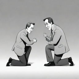 A emotive cartoon scene of a man on bended knee, holding his hands earnestly together, pleading for forgiveness from another man who stands with crossed arms and a skeptical expression.