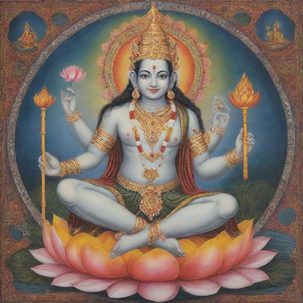 A detailed and colorful depiction of Brahman, the primary god of Hinduism responsible for creation, with four faces symbolizing the four Vedas, seated on a lotus and holding a scepter, a book, a rosary and a pot.