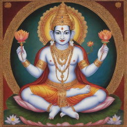 A detailed and colorful depiction of Brahman, the primary god of Hinduism responsible for creation, with four faces symbolizing the four Vedas, seated on a lotus and holding a scepter, a book, a rosary and a pot.