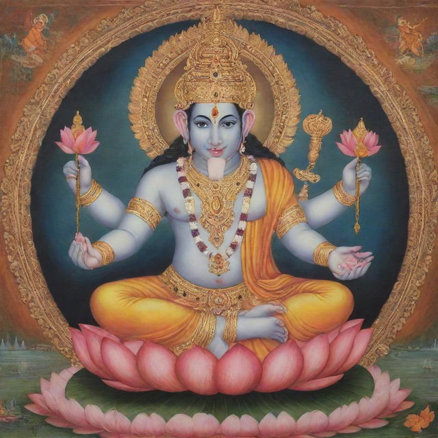 A detailed and colorful depiction of Brahman, the primary god of Hinduism responsible for creation, with four faces symbolizing the four Vedas, seated on a lotus and holding a scepter, a book, a rosary and a pot.