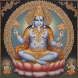 A detailed and colorful depiction of Brahman, the primary god of Hinduism responsible for creation, with four faces symbolizing the four Vedas, seated on a lotus and holding a scepter, a book, a rosary and a pot.