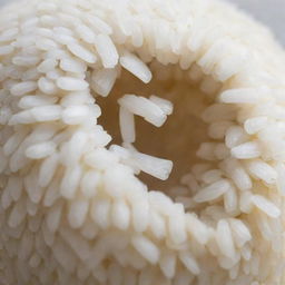 A close-up view of a single grain of rice, partially cracked open, revealing lush, ripe rice within.