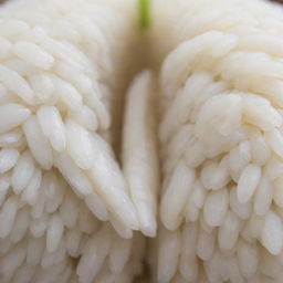 A close-up view of a single grain of rice, partially cracked open, revealing lush, ripe rice within.