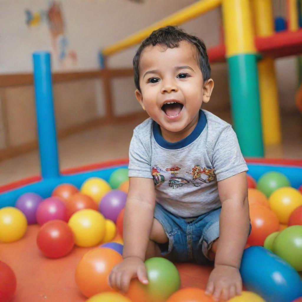 A cute little boy named Azzam, who is full of joy and laughter, playing in a colorful, child-friendly environment