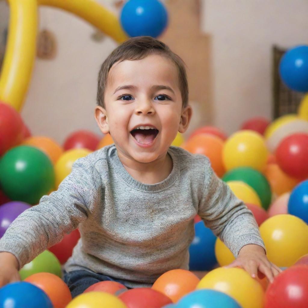 A cute little boy named Azzam, who is full of joy and laughter, playing in a colorful, child-friendly environment