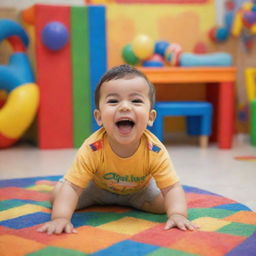 A cute little boy named Azzam, who is full of joy and laughter, playing in a colorful, child-friendly environment