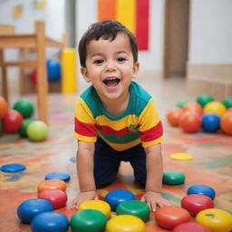 A cute little boy named Azzam, who is full of joy and laughter, playing in a colorful, child-friendly environment