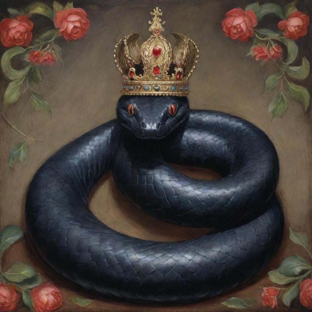 A giant black snake wearing a lavish crown, depicted as a traditional painting.