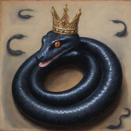 A giant black snake wearing a lavish crown, depicted as a traditional painting.