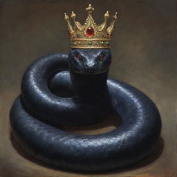 A giant black snake wearing a lavish crown, depicted as a traditional painting.