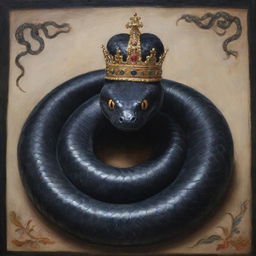 A giant black snake wearing a lavish crown, depicted as a traditional painting.