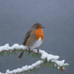 A red robin perched on a snow-covered pine branch, with flurries gently falling around it under a soft, twilight sky.