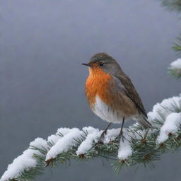 A red robin perched on a snow-covered pine branch, with flurries gently falling around it under a soft, twilight sky.