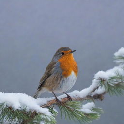 A red robin perched on a snow-covered pine branch, with flurries gently falling around it under a soft, twilight sky.