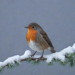 A red robin perched on a snow-covered pine branch, with flurries gently falling around it under a soft, twilight sky.