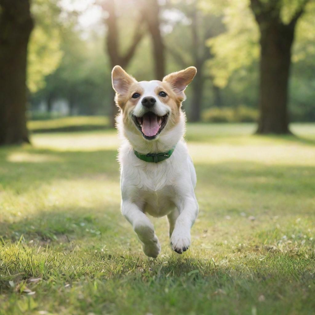 A charming, playful dog running joyfully in a lush green park under the sun.