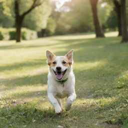 A charming, playful dog running joyfully in a lush green park under the sun.