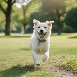 A charming, playful dog running joyfully in a lush green park under the sun.