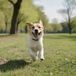 A charming, playful dog running joyfully in a lush green park under the sun.