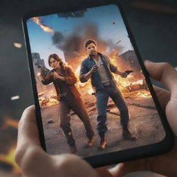 Create a thumbnail featuring the Free Fire game on a broken phone screen, capturing the action and intrigue of the game amidst the shattered glass effect.