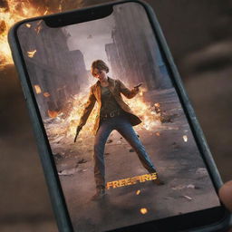 Create a thumbnail featuring the Free Fire game on a broken phone screen, capturing the action and intrigue of the game amidst the shattered glass effect.