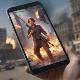 Create a thumbnail featuring the Free Fire game on a broken phone screen, capturing the action and intrigue of the game amidst the shattered glass effect.