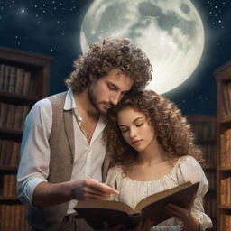 A whimsical fantasy library filled with ancient books. A man with curly hair and a beautiful woman intently reading a book under the soft gleam of the moonlight.