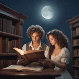 A whimsical fantasy library filled with ancient books. A man with curly hair and a beautiful woman intently reading a book under the soft gleam of the moonlight.