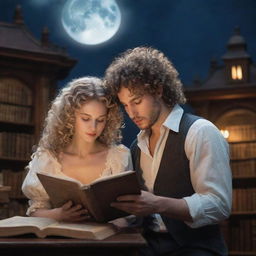 A whimsical fantasy library filled with ancient books. A man with curly hair and a beautiful woman intently reading a book under the soft gleam of the moonlight.