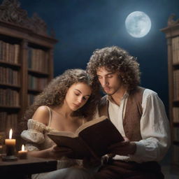 A whimsical fantasy library filled with ancient books. A man with curly hair and a beautiful woman intently reading a book under the soft gleam of the moonlight.