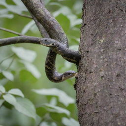 An intense scene of a snake stealthily slithering up a tree towards a bird nest, preparing to attack.