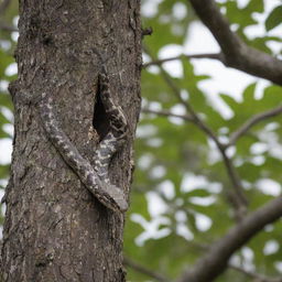 An intense scene of a snake stealthily slithering up a tree towards a bird nest, preparing to attack.