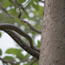 An intense scene of a snake stealthily slithering up a tree towards a bird nest, preparing to attack.