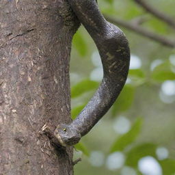 An intense scene of a snake stealthily slithering up a tree towards a bird nest, preparing to attack.