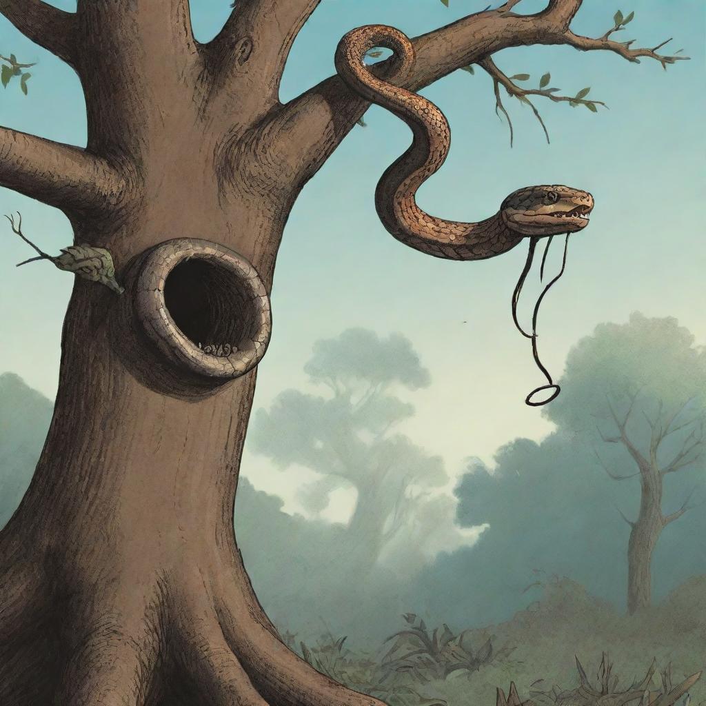 A tense, cartoon-style scene with a menacing snake slithering up a tree towards a vulnerable bird's nest.