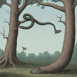 A tense, cartoon-style scene with a menacing snake slithering up a tree towards a vulnerable bird's nest.