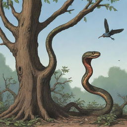 A tense, cartoon-style scene with a menacing snake slithering up a tree towards a vulnerable bird's nest.