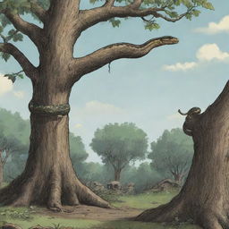 A tense, cartoon-style scene with a menacing snake slithering up a tree towards a vulnerable bird's nest.