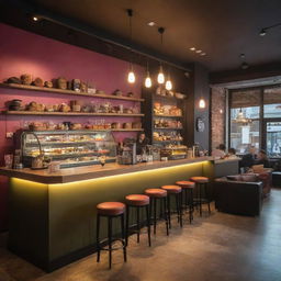 A cosy, vibrant cafe bar with an assortment of colorful pastries, warm beverages, illuminated by warm ambient lighting, with comfortable seating and busy baristas in background.