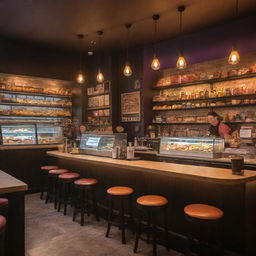 A cosy, vibrant cafe bar with an assortment of colorful pastries, warm beverages, illuminated by warm ambient lighting, with comfortable seating and busy baristas in background.