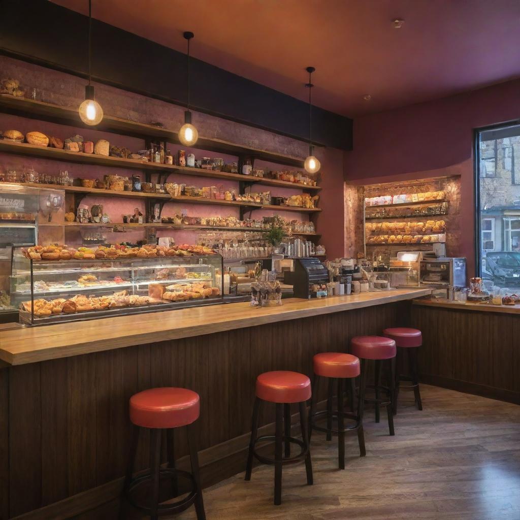 A cosy, vibrant cafe bar with an assortment of colorful pastries, warm beverages, illuminated by warm ambient lighting, with comfortable seating and busy baristas in background.